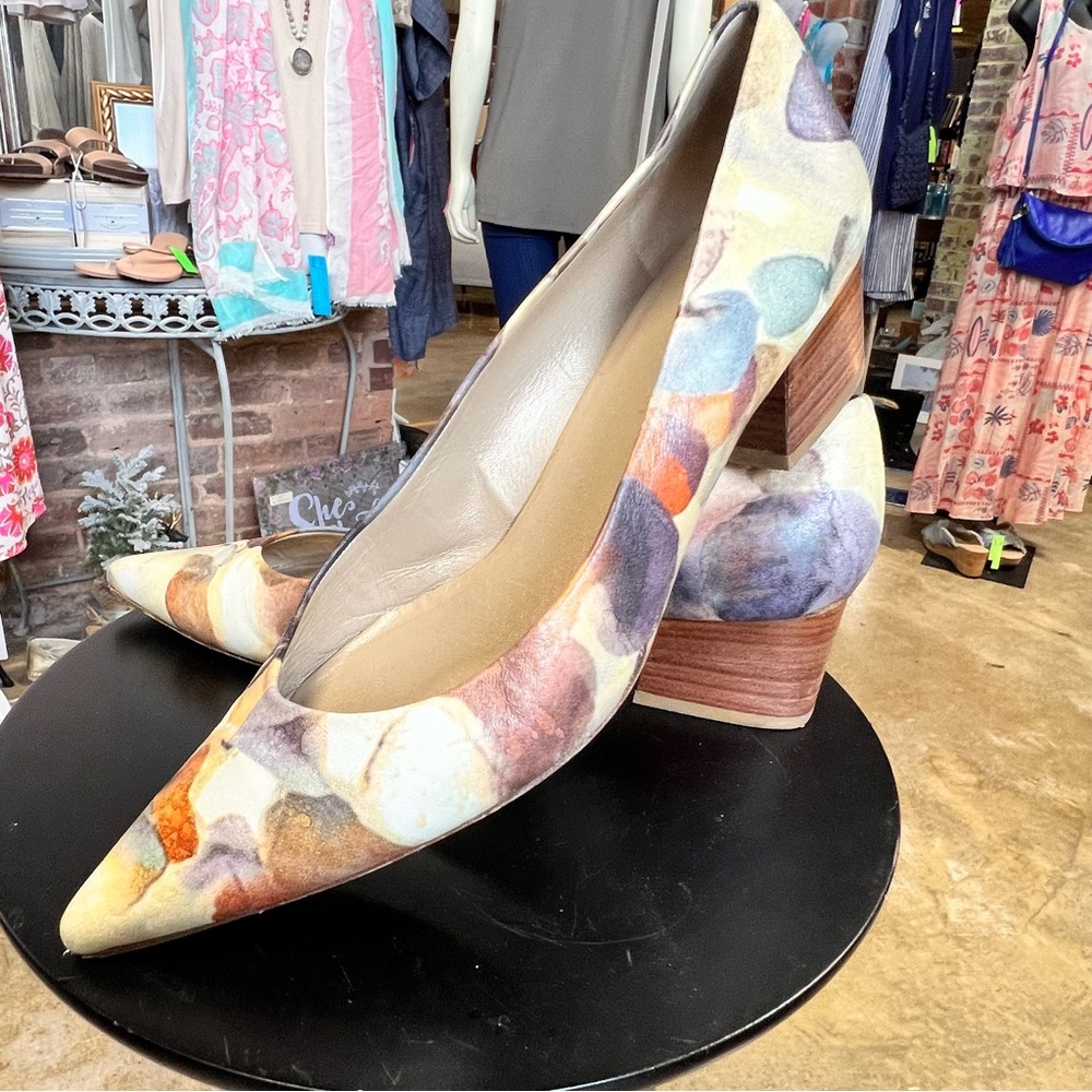 Stuart Weitzman Block Heel Spain Leather Watercolors Pump Shoes Womens Size 10